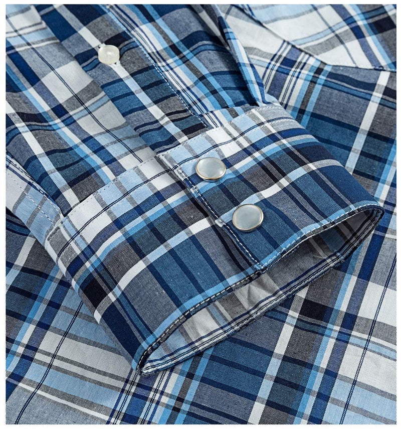 Double Pump Western Shirts for Men with Snap Buttons Regular Fit Plaid Mens Long Sleeve Shirts Casual,Blue White 009, Medium - Image 4